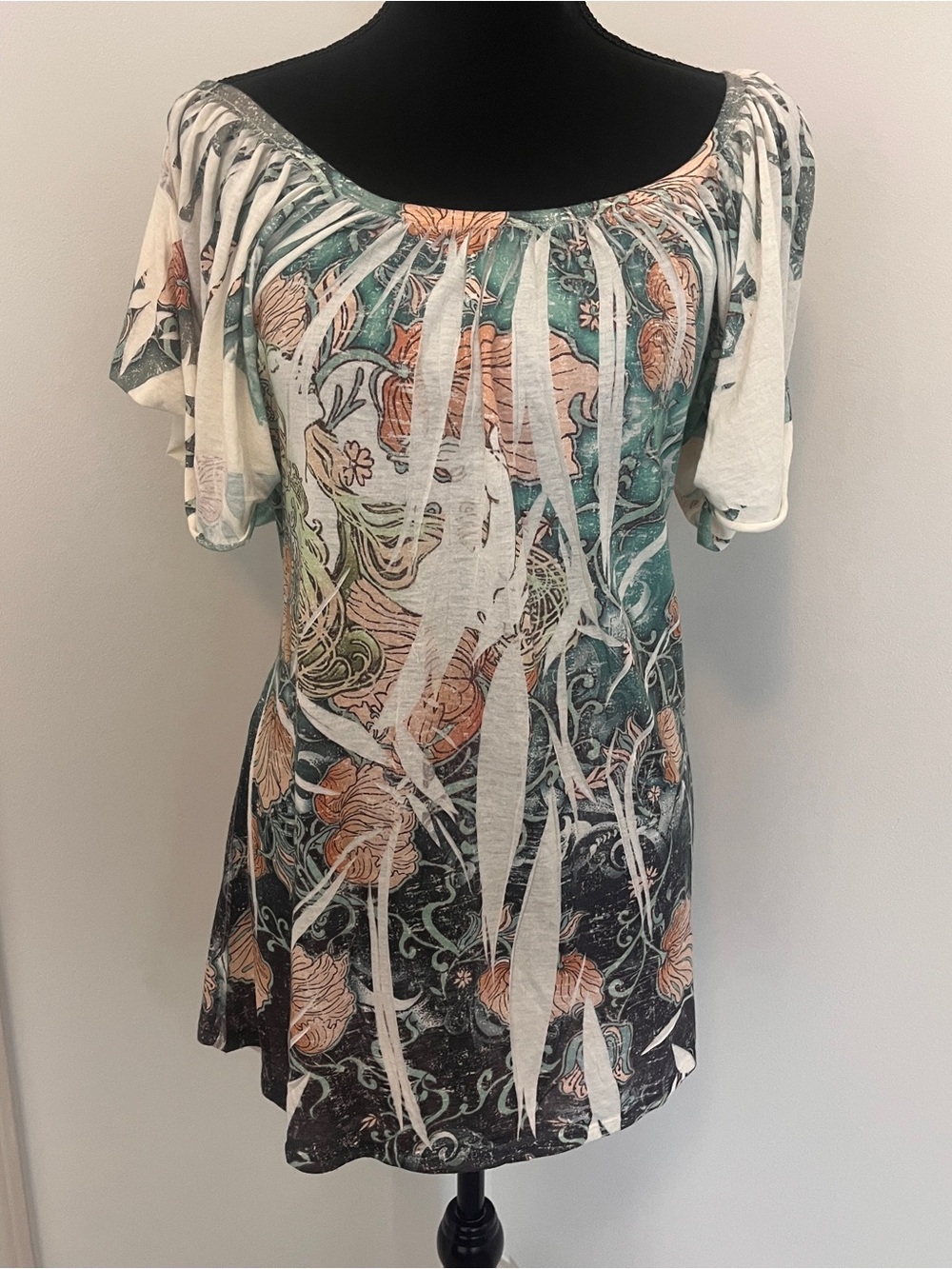 Chelsea & Violet Y2K Boho Floral Off-Shoulder Tunic Top Tie Back Waist Size L